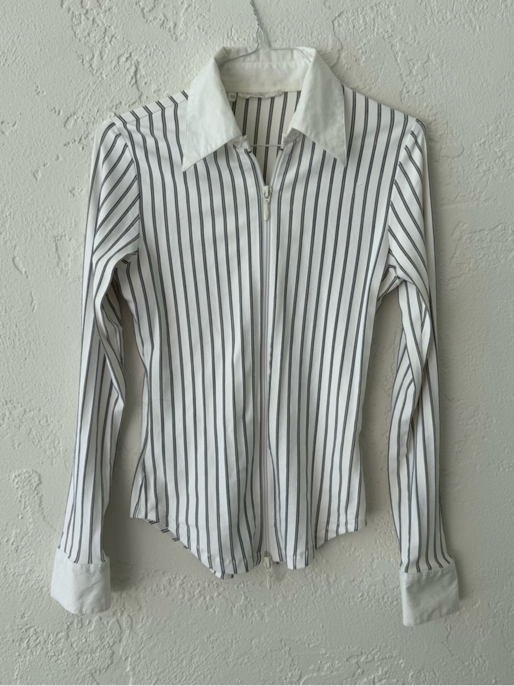Women's White and Black Vertical Stripe Zip-Front Shirt